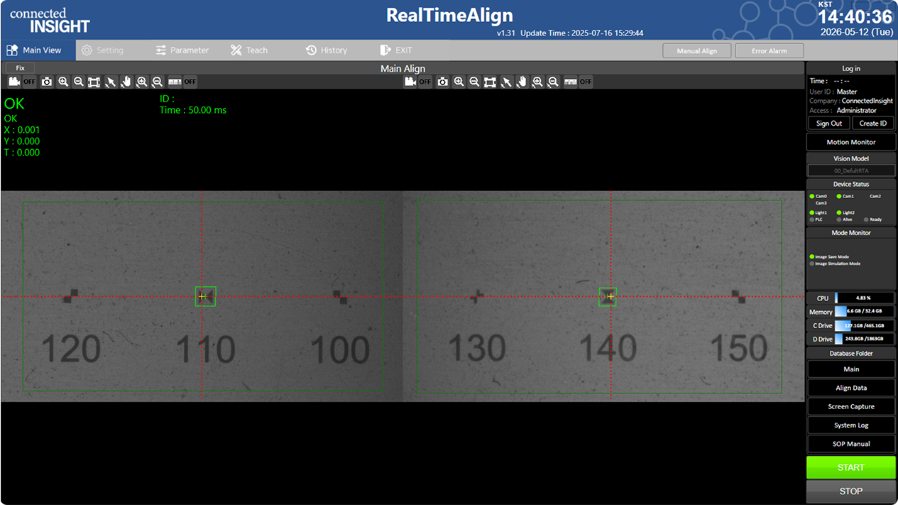 고속 Align 솔루션 UI 화면구성 — RealTimeAlign 소프트웨어 화면